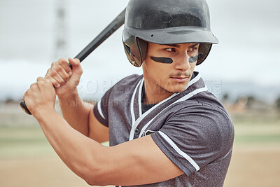 Buy stock photo Baseball player, bat and athlete on a field ready for the game or training with motivation, focus and champion mindset. Softball, fitness and sports man playing a professional match on outdoor pitch