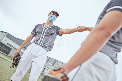 Buy stock photo Sports baseball, covid and teamwork fist bump for match game collaboration, competition partnership or support trust. Softball fitness training, exercise workout or man with winner mindset motivation