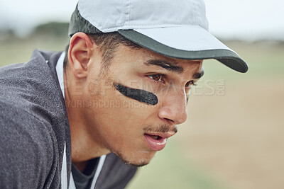 Buy stock photo Man, tired face and baseball player thinking of game or match strategy in fitness, workout or training on stadium pitch. Zoom, softball player or sports athlete on playing field exhausted or sweating