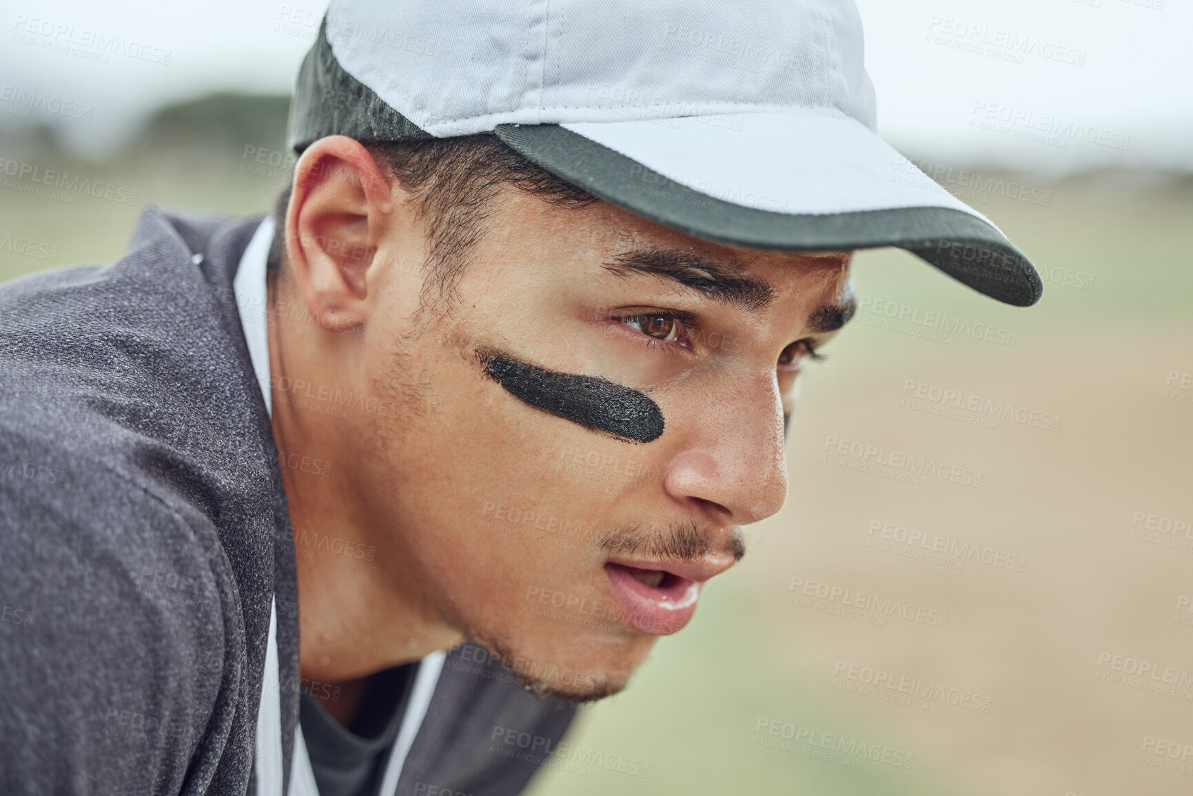 Buy stock photo Man, tired face and baseball player thinking of game or match strategy in fitness, workout or training on stadium pitch. Zoom, softball player or sports athlete on playing field exhausted or sweating