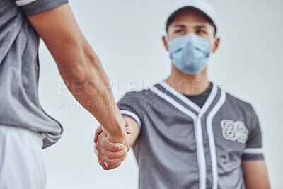 Buy stock photo Baseball player, hands and together for covid with mask, respect or game for win, pandemic or coronavirus. Man, sports and handshake in ppe for safety at baseball match, contest or field in New York
