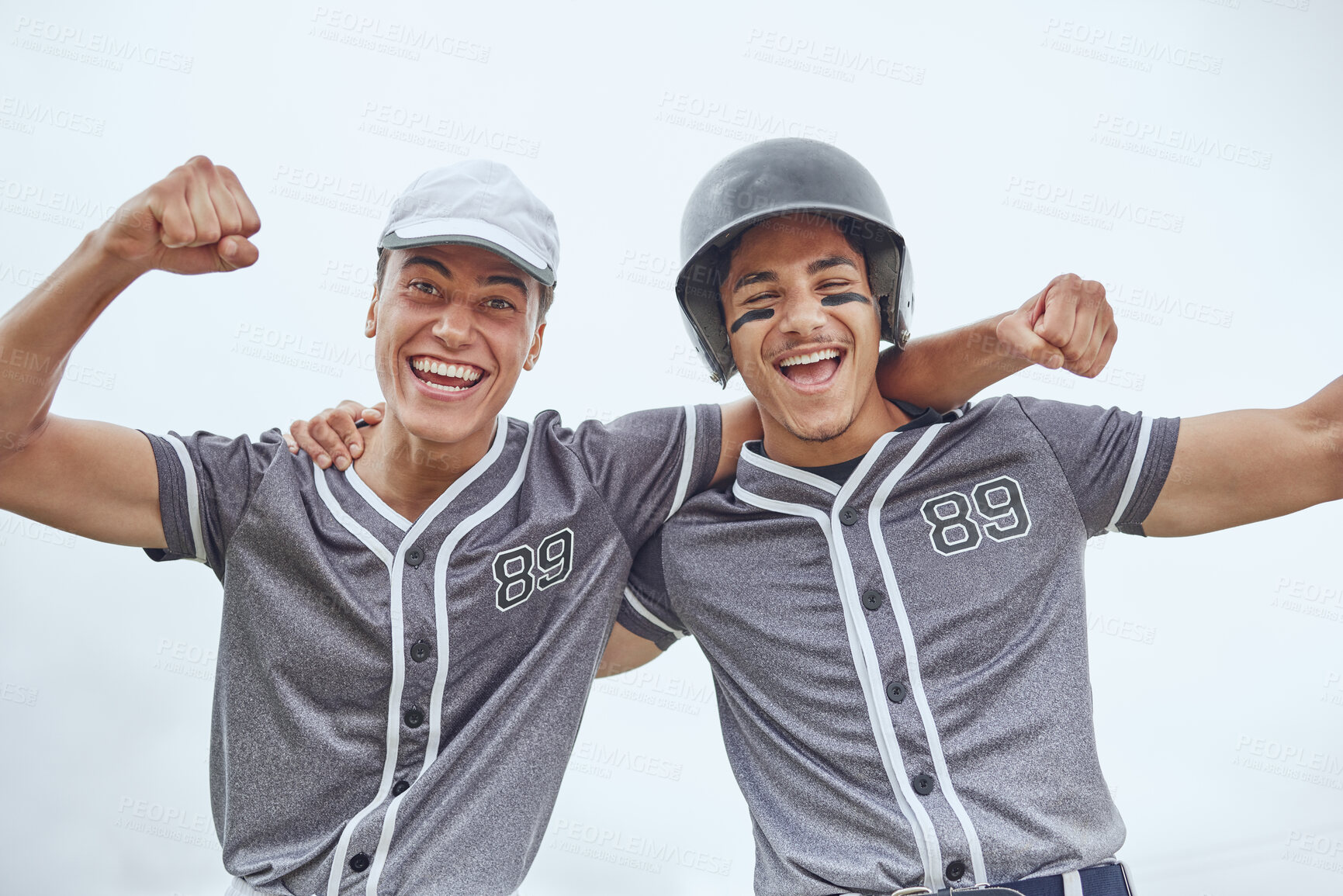 Buy stock photo Baseball player, teamwork and celebration for win, champion and teamwork for sports game with fist gesture for winning. Athlete portrait and professional sport of softball men with positive mindset 