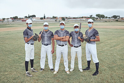 Buy stock photo Baseball, mask and team with covid safety on a grass field or sport pitch before a game, training or match outdoor. Men sports club or group with bat, glove and uniform with protection from covid 19