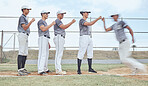 Baseball, fist bump and team support, sport and teamwork on baseball field, exercise and fitness outdoor. Men sports club, diversity and motivation, baseball player and athlete, training and motion.