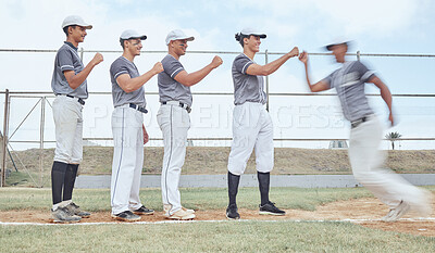 Buy stock photo Baseball, fist bump and team support, sport and teamwork on baseball field, exercise and fitness outdoor. Men sports club, diversity and motivation, baseball player and athlete, training and motion.