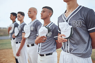 Buy stock photo Baseball team, sports and national anthem at competition event, games and athlete motivation on stadium arena field. Baseball player group singing, patriotic pride and respect for softball commitment