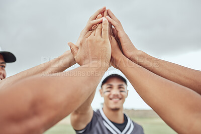 Buy stock photo Hands, high five and teamwork in baseball with team players getting ready for training, practice and game. Fitness, inspiration and motivation for sports athlete on baseball field together in support