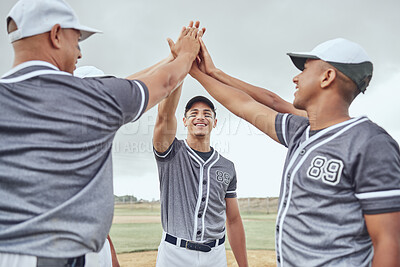 Buy stock photo High five, baseball player team and training motivation together in field before competition. Diversity, athlete men and sport fitness health workout success, well done and teamwork on baseball pitch