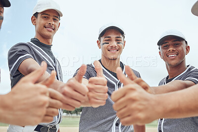 Buy stock photo Baseball, sports men and thumbs up success in fitness workout motivation, training trust and exercise community support. Team, friends and smile with winner goals or target hand sign on sports field