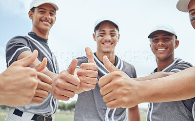 Buy stock photo Men, baseball team or thumbs up hands in success, support or motivation in baseball game, match or competition training. Portrait, smile or happy baseball players and winner gesture in fitness sports
