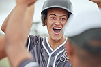 Baseball, team winner and game celebration of an athlete with a wow expression outdoor. Teamwork, collaboration and baseball player after sports, exercise training and winning achievement from sport