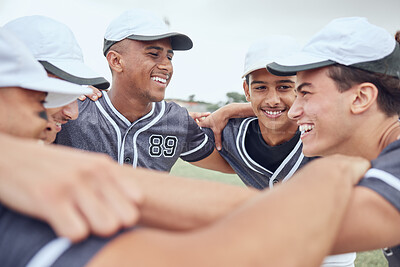 Buy stock photo Support, strategy and sports with team of baseball for training, planning and motivation. Fitness, collaboration and teamwork with baseball player on field for goals, health and community huddle