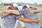 Huddle, baseball teamwork and team on baseball field ready for game, match or competition. Training, exercise and crowd of baseball players together for motivation, team building or winning mindset.
