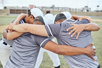 Buy stock photo Huddle, baseball teamwork and team on baseball field ready for game, match or competition. Training, exercise and crowd of baseball players together for motivation, team building or winning mindset.