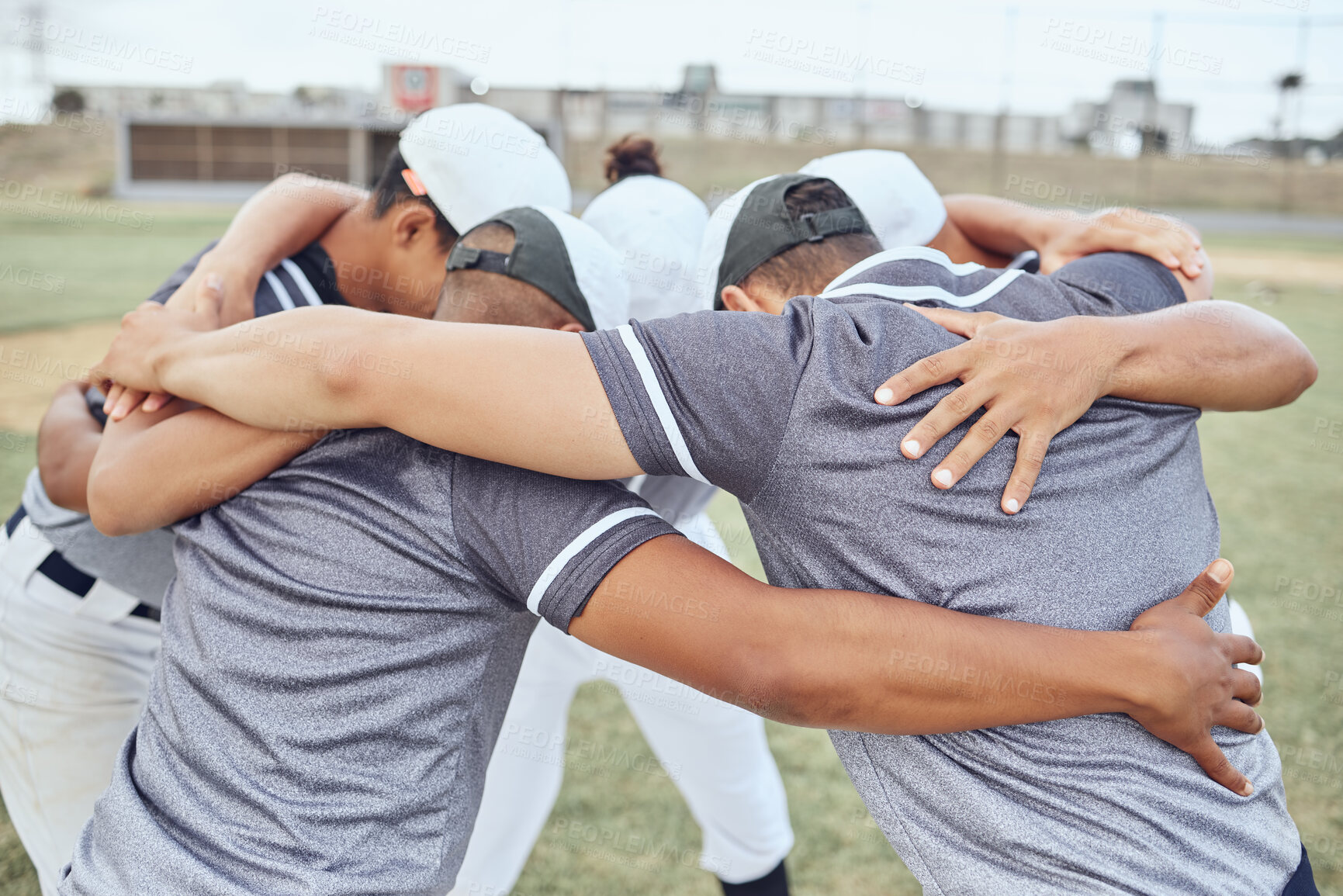 Buy stock photo Huddle, baseball teamwork and team on baseball field ready for game, match or competition. Training, exercise and crowd of baseball players together for motivation, team building or winning mindset.