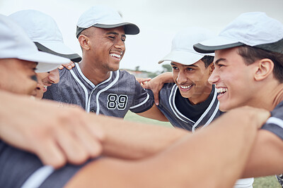 Buy stock photo Team, baseball men in game, strategy or planning on grass pitch, sports field or team building in fitness, training or workout match. Smile, happy sport people in motivation talk in softball huddle