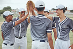 Baseball player men hands connect for teamwork, motivation and mission on sports field. Group of people, community or athlete male standing together for competition with sunshine lens flare outdoor