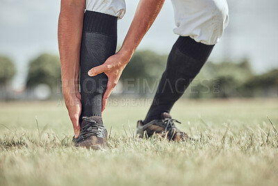 Buy stock photo Sports man, ankle injury and athlete pain during workout training or sport competition. Athletic player leg accident, muscle ache medical emergency or suffering from inflammation on grass field