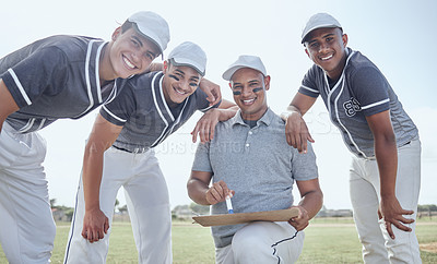 Buy stock photo Baseball team, sports coaching and strategy, planning and collaboration for winner motivation on training pitch. Portrait baseball players, trainer and happy group brainstorming game ideas for goals 