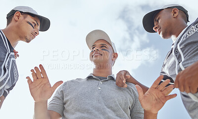 Buy stock photo Coach of team in baseball, talking strategy to men before game or match. Trainer of sports softball group in huddle, talk and teamwork support, plan and trust for winning sport competition or game