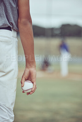 Buy stock photo Sports, baseball and pitch with hands of man playing for strike for sports, fitness and focus on games competition. Goals, training and exercise with baseball player on grass field for action