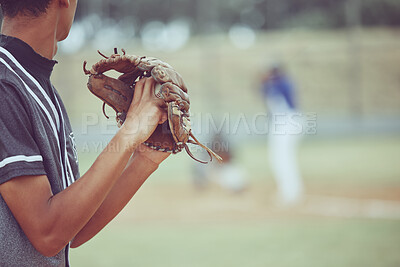 Buy stock photo Baseball, sports and a pitcher throwing a ball during a competitive game or match on a grass pitch field. Fitness, exercise and sport with a man baseball player playing in a competitive outdoor event