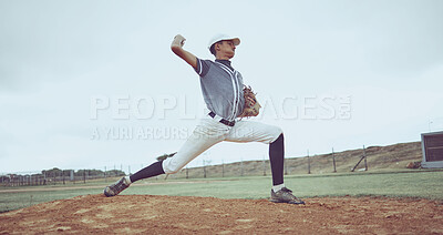 Buy stock photo Sports game, baseball field and man throw ball in competition, practice match or pitcher training workout. Softball player, dirt pitch or athlete doing outdoor fitness, exercise or pitching challenge