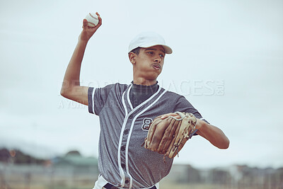 Buy stock photo Baseball, baseball player and ball throw in baseball field in match, training game or competition. Sports, fitness and baseball pitcher man from India practice pitch outdoors for exercise or workout.