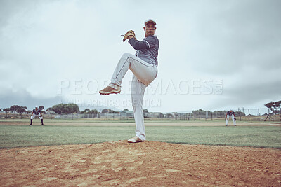 Buy stock photo Baseball pitch, athlete and man from Guatemala ready to throw for exercise, training and game workout. Team fitness, baseball player and sports with teamwork together on a outdoor dirt field 