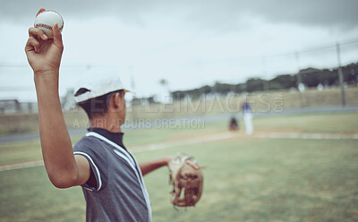 Buy stock photo Baseball, pitcher and athlete throwing a ball on an outdoor field during a game or training. Fitness, sports and softball player practicing his skill at match or exercise on outside pitch or stadium.