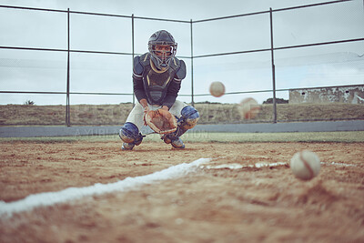 Buy stock photo Baseball, baseball player and ball catch on field during training, competition or match. Sports, fitness and man from India practicing with balls and glove outdoors on baseball field for exercise.