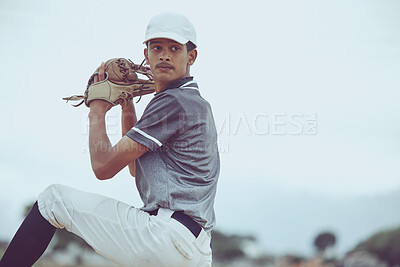 Buy stock photo Man, baseball and pitcher in sports throw or competitive match for point, score or win in the outdoors. Professional baseball player athlete in sport ready to pitch the ball on the field outside