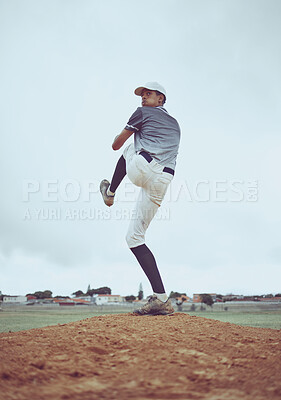 Buy stock photo Man, baseball and pitcher in sports throw or competitive match to score point or win on the field outdoors. Professional baseball player in sport stance ready to pitch the ball in serious competition