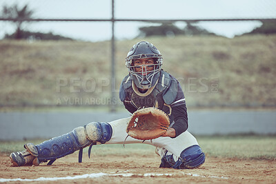 Buy stock photo Baseball, pitcher and portrait of an athlete with a glove on outdoor field for game or training. Fitness, sports and man practicing to catch with equipment for softball match on the pitch at stadium.