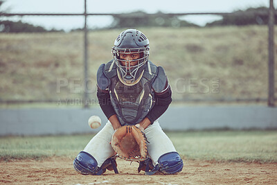 Buy stock photo Baseball, sports and catch a ball with a man athlete or catcher on a field during a game or match. Fitness, exercise and training with a male baseball player playing a competitive sport on a pitch