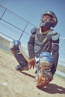 Buy stock photo Sports, baseball and catcher ready in a game, match or training on outdoor baseball field. Fitness, exercise and baseball player with focus, concentration and determination to win baseball game