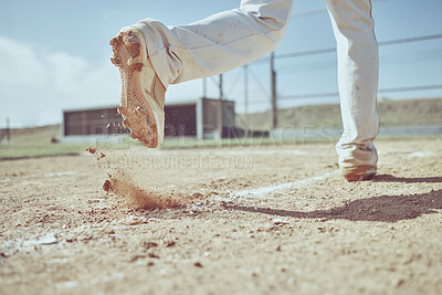 Buy stock photo Speed, running and shoes of baseball player on field training for sports, health and fitness game. Workout, exercise and dirt with athlete in sport competition for winning, homerun or achievement
