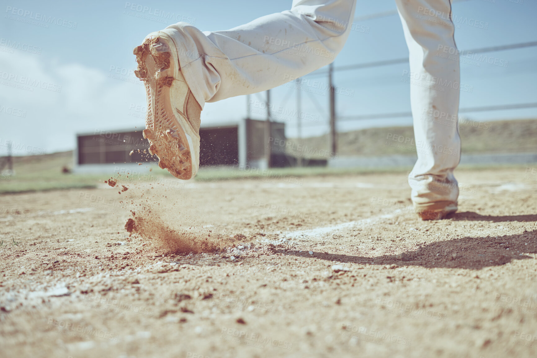 Buy stock photo Speed, running and shoes of baseball player on field training for sports, health and fitness game. Workout, exercise and dirt with athlete in sport competition for winning, homerun or achievement
