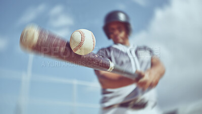 Buy stock photo Baseball, baseball player and bat ball swing at a baseball field during training, fitness and game practice. Softball, swinging and power hit with athletic guy focus on speed, performance and pitch 