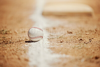 Baseball, chalk line and ball on field before sports game, training and practice. Competition, motivation and sport equipment on baseball field ground. Isolated, close up and copy space for softball
