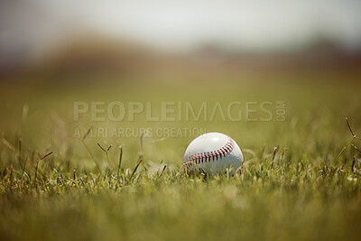 Baseball, pitch and sports ball on grass on an outdoor field for a game, training or practice. Softball, sport and closeup of equipment for match, practicing or exercise in nature at outside stadium.