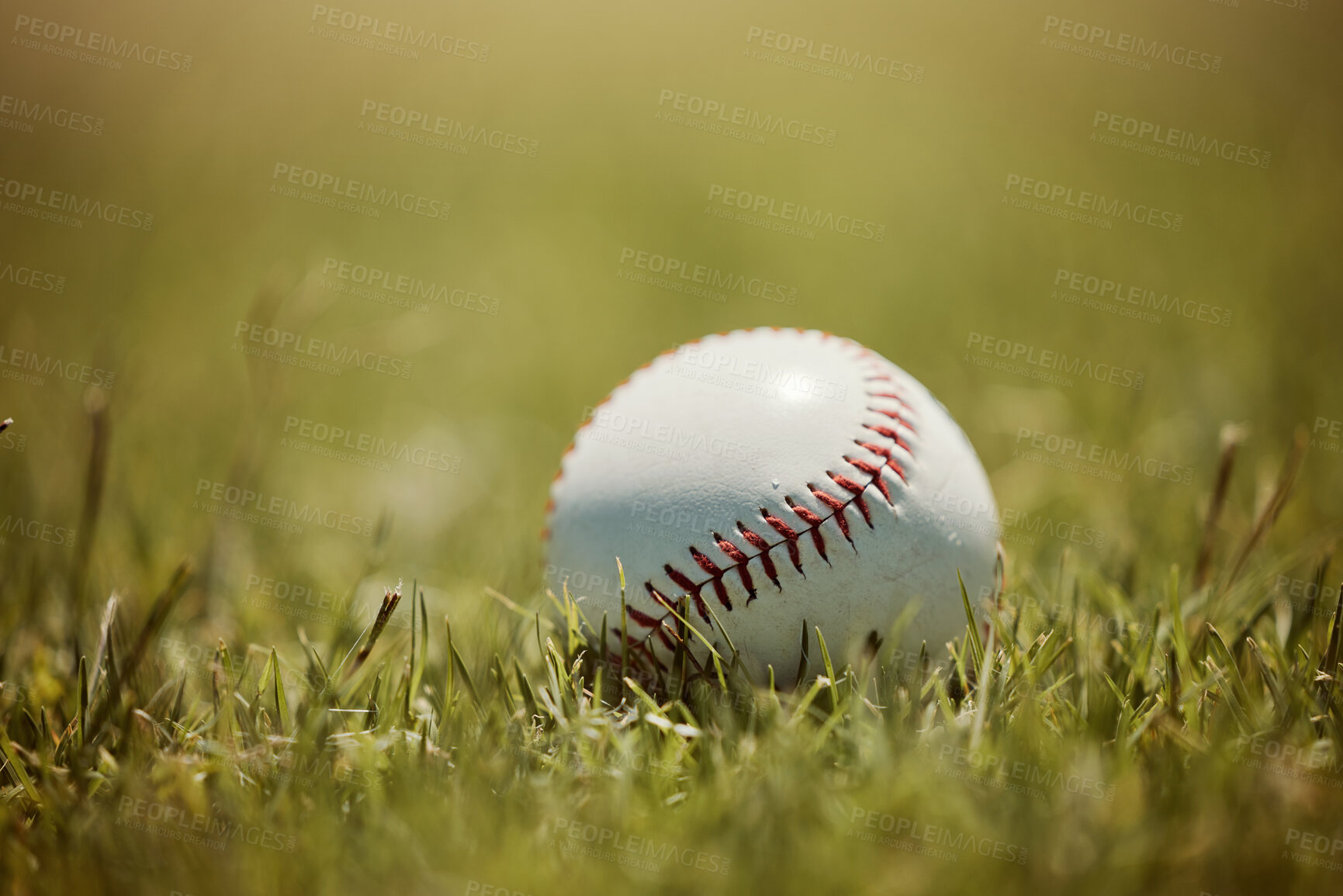 Buy stock photo Baseball, grass pitch and ball, sport and outdoor closeup, baseball field and sports game. Competition, fitness motivation and equipment, outdoor and nature, green with zoom in and training for match