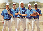 Sports, team and baseball portrait by sport people standing in power, support and fitness training on baseball field. Softball, diversity and inclusive team sport by united group ready for challenge