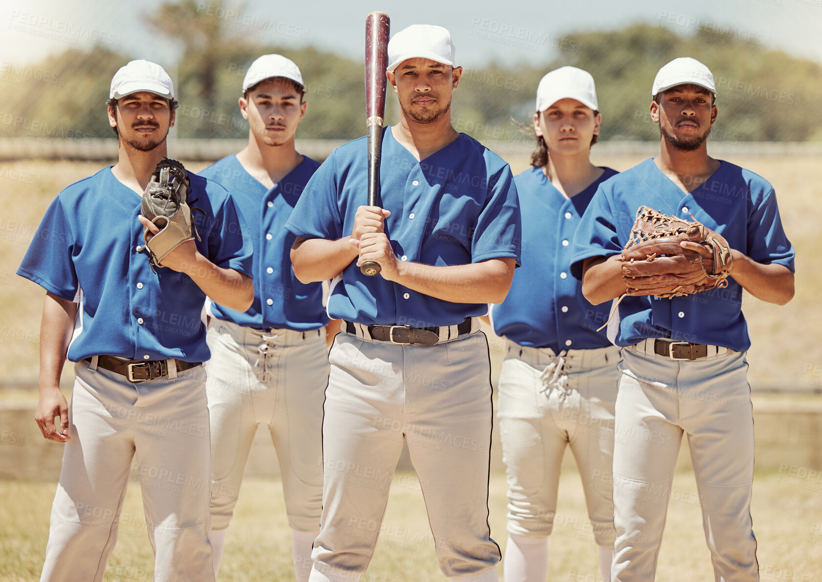 Buy stock photo Sports, team and baseball portrait by sport people standing in power, support and fitness training on baseball field. Softball, diversity and inclusive team sport by united group ready for challenge