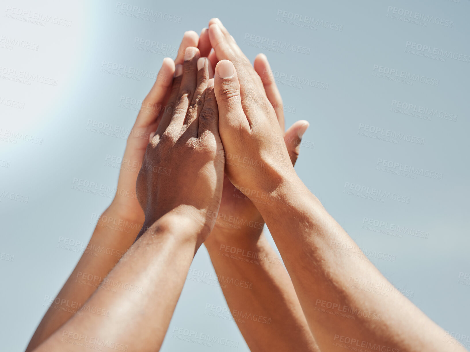 Buy stock photo Hands, high five or teamwork collaboration success in fitness, workout or training match or summer game. Zoom, men or sports diversity support in team building for community security or friends trust