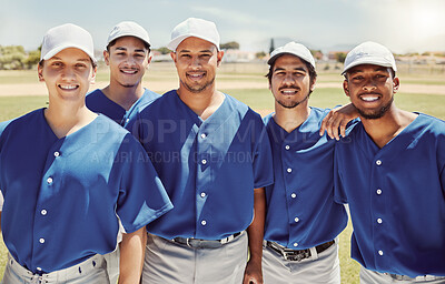 Buy stock photo Baseball, team and portrait on baseball field with sports people standing in support of training, fitness and vision. Diversity, softball and softball player group relax before workout practice