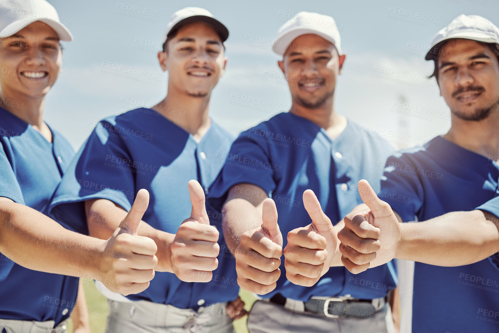 Buy stock photo Thumbs up, sports and baseball with team on field for training, fitness and support together. Happy, thank you and winner with hands of baseball player for goals, teamwork and motivation workout