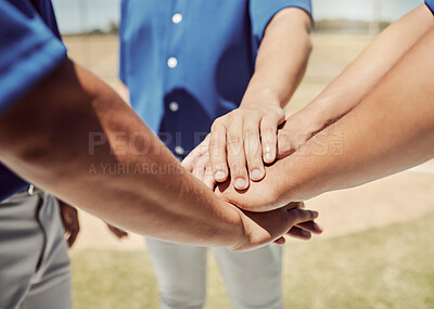 Buy stock photo Teamwork, support and hands of baseball player for motivation in sports, goals and winner mindset. Training, community and mission with athlete in circle on baseball field for coaching games together