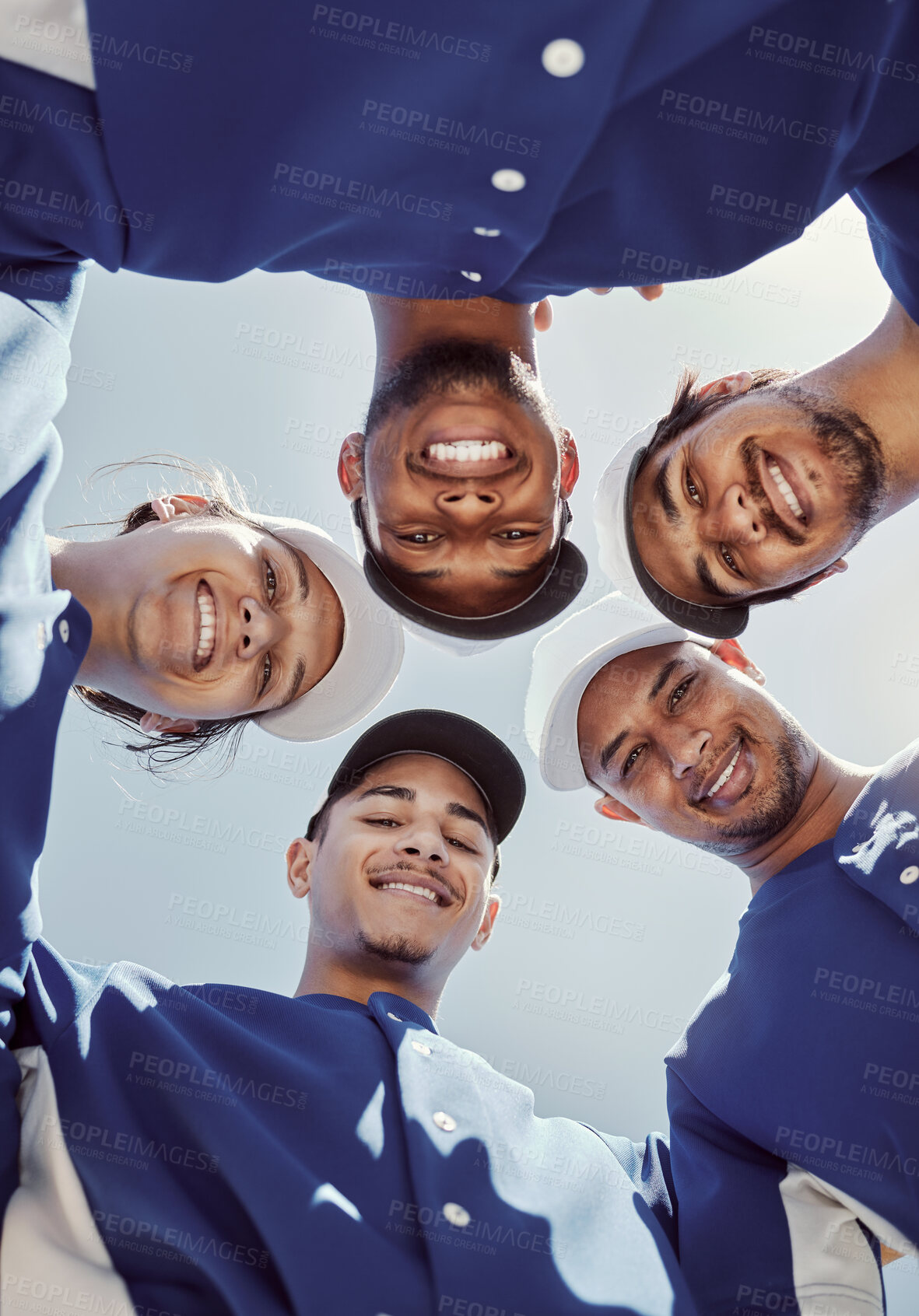Buy stock photo Team huddle, baseball and baseball player, fitness and men, diversity and support, sports game and trust, smile in portrait. Young, strong and athlete, sport training and exercise during active life.
