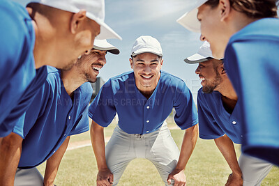 Buy stock photo Baseball team, men or game strategy planning on grass pitch, sports field or team building in fitness, training or workout match. Smile, happy or baseball player people in motivation softball huddle